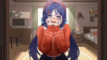 1girl arc2urus bed bedroom blue_eyes blue_hair blue_skirt commentary commission computer crazy_mita_(miside) curtains desk_lamp hair_ornament hairband indoors lamp long_hair long_sleeves looking_at_viewer low_twintails midriff_peek miside mita_(miside) monitor open_mouth puffy_long_sleeves puffy_sleeves red_hairband red_shirt shirt skirt smile solo teeth twintails upper_teeth_only wardrobe yandere yandere_trance