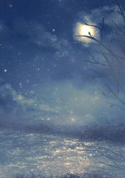 bare_tree branch cloud cloudy_sky commentary_request full_moon lake miho_illust moon night no_humans original outdoors scenery sky star_(sky) starry_sky tree