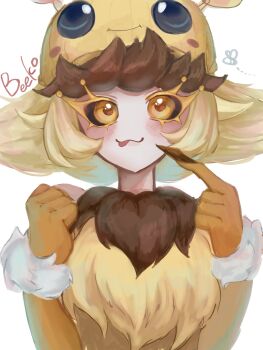 1girl :3 :p bee_hat beeko_(league_of_legends) black_sclera blush character_name colored_sclera fingernails highres league_of_legends neck_fur neeko_(league_of_legends) orange_eyes sharp_fingernails simple_background smile teisirvuy_sk tongue tongue_out upper_body white_background