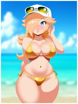 1girl absurdres bare_shoulders baseball_cap beach bikini blurry blurry_background blush breasts commentary cowboy_shot english_commentary eyewear_on_headwear gold_bikini hair_over_one_eye hat highres large_breasts long_hair mario_(series) mcarthur1010 nintendo ocean rosalina sand side-tie_bikini_bottom solo super_mario_galaxy swimsuit water white_hat