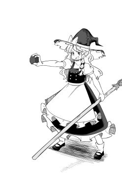 1girl apron bow braid broom buttons dress fang frilled_dress frilled_hat frills full_body greyscale hair_bow hat hat_bow highres holding holding_broom kirisame_marisa mini-hakkero monochrome motutigire open_mouth outstretched_arm puffy_short_sleeves puffy_sleeves short_sleeves single_braid socks solo standing touhou waist_apron witch_hat you're_doing_it_wrong