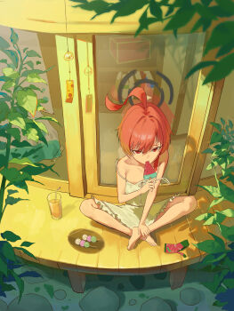 Rule 34 | 1girl, absurdres, ahoge, architecture, bare shoulders, barefoot, black halo, blue archive, closed mouth, commentary, dress, east asian architecture, food, food in mouth, fruit, green dress, halo, highres, holding, holding food, holding fruit, huge ahoge, indian style, kongaru 123, mole, mole under eye, neru (blue archive), popsicle, red eyes, red hair, short hair, sitting, sleeveless, sleeveless dress, solo, watermelon bar