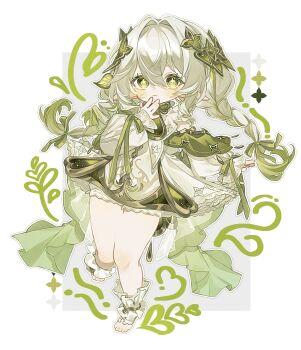 1girl bloomers blush braid closed_mouth commentary_request cross-shaped_pupils dress genshin_impact gradient_hair green_eyes green_hair hair_between_eyes hair_intakes hair_ornament kun_(user_ahgn2825) leaf_hair_ornament long_hair long_sleeves multicolored_hair nahida_(genshin_impact) pointy_ears smile solo symbol-shaped_pupils twin_braids underwear white_bloomers white_dress white_hair
