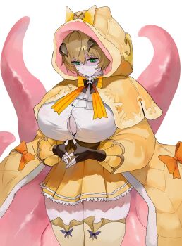1girl absurdres ascot black_bra black_gloves black_horns blonde_hair bra breasts brown_ribbon capelet cleavage closed_mouth commentary commission cowboy_shot fingerless_gloves gloves green_eyes hair_between_eyes highres hood hood_up hooded_capelet horns huge_breasts long_sleeves looking_down miniskirt monster_girl nbee_ya neck_ribbon original puffy_sleeves ribbon shaded_face shirt short_hair simple_background skirt skull_ornament small_sweatdrop solo tentacles thighhighs thighs underwear white_ascot white_background white_shirt yellow_capelet yellow_ribbon yellow_skirt yellow_thighhighs