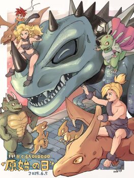 2girls 3boys aqua_tunic armor artist_name ayla_(chrono_trigger) azala barefoot blonde_hair blue_eyes boots border breastplate breasts brick_road caveman cavewoman chrono_trigger clenched_hand cloak crono_(chrono_trigger) crop_top curly_hair dated dinosaur fur_anklet fur_boots fur_scarf fur_shirt fur_skirt fur_wrist_cuffs grey_tunic hair_tie headband highres horns kino_(chrono_trigger) long_hair medium_breasts medium_hair mekyo midriff multiple_boys multiple_girls neckerchief nizbel open_mouth orange_neckerchief ponytail red_cloak red_hair reptile_boy reptile_girl riding riding_dinosaur shoulder_armor single_horn smile spiked_hair talons tunic waving white_border white_headband wrist_cuffs yellow_eyes