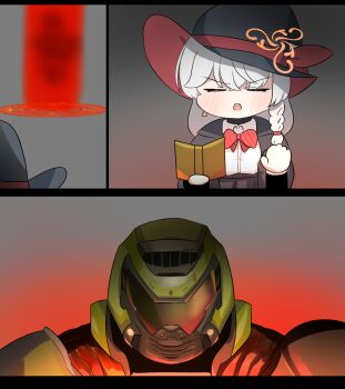 1boy 1girl armor blue_archive bow bowtie braid braided_sidelock chibi comic crossover doom_(series) doom_eternal doomguy eri_(blue_archive) halo hat helmet highres jacket long_coat long_hair magic_circle orange_eyes pauldrons sabnak66 shirt shoulder_armor skirt summoning sweater white_hair witch_hat