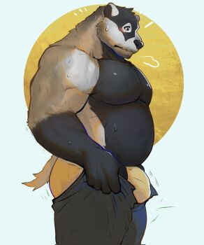 1boy animal_ear_request artist_request ass bara belly blush breath bulge bulge_lift dressing echo_project feet_out_of_frame from_side furry furry_male highres i&#039;ve_never_seen_a_guy_recreate_this_successfully_tbh_(meme) large_pectorals male_focus male_underwear meme motion_lines muscular muscular_male nik_(the_smoke_room) open_pants pants pants_lift pectorals short_hair solo stomach the_smoke_room topless_male undersized_clothes underwear yellow_male_underwear