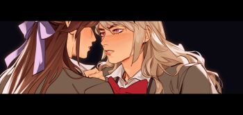 2girls black_background blazer blonde_hair bow bowtie brown_hair commentary grey_jacket hair_ribbon hashtag-only_commentary jacket lesly_oh letterboxed long_hair multiple_girls parted_lips pink_eyes purple_ribbon red_bow red_bowtie ribbon saijou_claudine seishou_music_academy_uniform shirt shoujo_kageki_revue_starlight simple_background tendou_maya white_shirt yuri