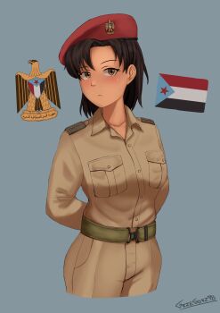 1girl absurdres arms_behind_back belt beret black_hair blue_background blush breast_pocket brown_eyes brown_pants brown_shirt commentary cowboy_shot emblem english_commentary green_belt grzegorz1996 hat highres looking_at_viewer military military_uniform original pants pocket red_hat shirt short_hair shoulder_boards signature simple_background solo yemen yemeni_army yemeni_flag