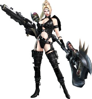 1girl 3d axe blonde_hair breasts gun highres large_breasts midriff musou_orochi musou_orochi_2 ninja_gaiden official_art rachel_(ninja_gaiden) weapon