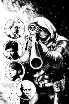 aiming aiming_at_viewer cape character_request comic_cover commentary cowboy_shot crosshair dark earrings english_commentary gloves gun hair_bun hatching_(texture) highres holding holding_gun holding_weapon hood hood_up hoop_earrings jewelry marvel mask monochrome muscular muscular_male rifle short_hair skull_mask sniper_rifle superhero_costume taskmaster teeth valerio_giangiordano weapon wrinkled_skin