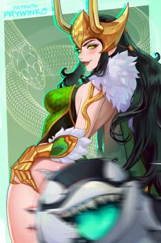1girl alternate_form aqua_border armor black_hair border brown_lips cape commentary convenient_censoring cowboy_shot fake_horns fur-trimmed_cape fur-trimmed_gloves fur_trim gloves gold_gloves green_armor green_background green_cape green_eyes highres horned_headwear horns jeff_(marvel) jeff_the_land_shark jeff_the_land_shark_(devouring_duo) lady_loki loki_(marvel) long_hair looking_back marvel marvel_rivals motion_blur official_alternate_design official_art_inset patreon_username prywinko scale_armor smile snake solo_focus thor_(marvel)_(series)