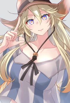 1girl absurdres blonde_hair blue_eyes blush brown_hat commentary_request cowboy_hat finger_gun grey_background hair_between_eyes hat highres iowa_(kancolle) iowa_(setsubun)_(kancolle) kantai_collection long_hair looking_at_viewer official_alternate_costume shirt simple_background smile solo star-shaped_pupils star_(symbol) striped_clothes striped_shirt symbol-shaped_pupils tsukasa_(tukasa_br) upper_body