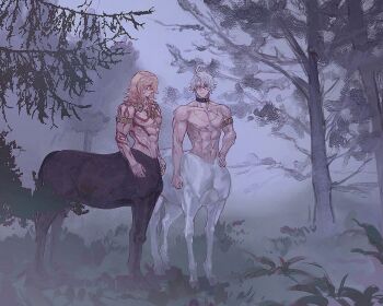 2boys antenna_hair arm_tattoo black_choker blonde_hair blue_eyes braid centaur chest_tattoo choker commentary facial_tattoo glazed108642 gradient_hair highres honkai:_star_rail honkai_(series) male_focus medium_hair monster_boy multicolored_hair multiple_boys mydei_(honkai:_star_rail) neck_tattoo parted_bangs phainon_(honkai:_star_rail) red_hair red_tattoo short_hair side_braid tattoo taur topless_male white_hair yellow_eyes