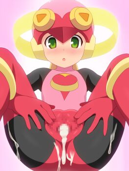 1girl :o absurdres aftersex blush censored commentary commission cum cum_in_pussy cum_on_body cum_on_legs cumdrip curakuru feet_out_of_frame flat_chest gradient_background green_eyes helmet highres knees_up loli mega_man_(series) mega_man_battle_network_(series) mosaic_censoring netnavi open_mouth pink_background pink_helmet roll.exe_(mega_man) simple_background skeb_commission solo spread_pussy spreading_own_pussy