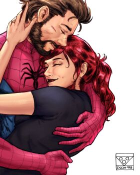1boy 1girl absurdres beard breasts brown_hair commentary cuts derivative_work english_commentary facial_hair highres hug husband_and_wife injury jewelry marvel mary_jane_watson medium_breasts peter_parker pizza990 ponytail red_hair red_lips ring smile spider-man spider-man_(series) superhero_costume wedding_ring