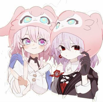2girls blush choker dress dual_persona earrings evernight_(honkai:_star_rail) gloves hat highres honkai:_star_rail honkai_(series) jewelry long_hair looking_at_viewer march_7th_(honkai:_star_rail) march_7th_(preservation)_(honkai:_star_rail) mem_(honkai:_star_rail) mixed-language_commentary multicolored_eyes multiple_girls pink_hair red_eyes shirt single_bare_shoulder single_earring siomimi smile two-tone_eyes v yuri