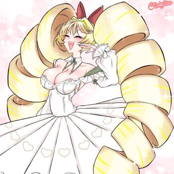 1girl alberto_di_giussano_(azur_lane) alternate_hairstyle artist_name azur_lane ballet_dress blonde_hair bow breasts cleavage closed_eyes commentary_request drill_hair hair_bow large_breasts long_sleeves open_mouth red_bow solo sparkle twin_drills twintails zephyhime