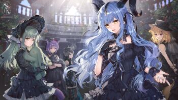 Rule 34 | 5girls, animal ears, arknights, ave mujica (bang dream!), bang dream!, bang dream! it's mygo!!!!!, black bonnet, black dress, black gloves, black hat, black ribbon, black thighhighs, blonde hair, blue eyes, blue hair, blue nails, bonnet, cat ears, cat girl, cat tail, closed mouth, commentary, dog ears, dog girl, dog tail, dress, elbow gloves, gloves, green hair, hair ornament, hair ribbon, hairclip, hat, highres, horns, light particles, long hair, long sleeves, misumi uika, misumi uika (caged singer), multiple girls, nail polish, open mouth, pink eyes, purple eyes, purple hair, rabbit ears, rabbit girl, ribbon, short hair, sidelocks, single glove, sleeveless, sleeveless dress, soha blan, stuffed animal, stuffed rabbit, stuffed toy, tail, thighhighs, togawa sakiko, togawa sakiko (master of melodia), untranslatable commentary, wakaba mutsumi, wakaba mutsumi (marionette's id), wolf ears, wolf girl, yahata umiri, yahata umiri (moonlight executioner), yellow eyes, yuutenji nyamu, yuutenji nyamu (magician of passion), zettai ryouiki