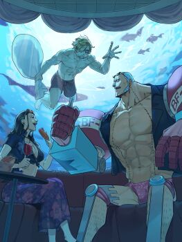 1girl 2024 2boys alcohol backlighting black_hair blonde_hair blue_hair cropped_jacket cup curly_eyebrows cyborg drinking_glass fish franky_(one_piece) bad_tag hair_over_one_eye hairy_legs highres holding_breath jacket linea_alba looking_at_another multiple_boys muscular muscular_male nico_robin nico_robin_(return_to_sabaody) ocean official_alternate_costume one_piece sanji_(one_piece) short-sleeved_jacket short_sleeves swimming tentaro_en toned toned_male topless_male underwater water wine wine_glass zipper zipper_pull_tab