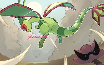 aki_yamane bright_pupils closed_mouth commentary_request day desert fang fang_out flygon gen_3_pokemon gen_5_pokemon krookodile looking_back nintendo no_humans outdoors pokemon pokemon_(creature) sand sky smoke sun