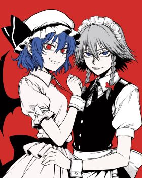 2girls absurdres apron ascot bat_wings black_dress blue_eyes blue_hair bow braid closed_mouth collared_shirt commentary_request dress fang fang_out grey_hair hair_bow hat hat_ribbon highres izayoi_sakuya long_hair looking_at_viewer maid maid_apron maid_headdress medium_hair mob_cap multiple_girls pinafore_dress pink_hat pointy_ears puffy_short_sleeves puffy_sleeves red_ascot red_background red_bow red_eyes remilia_scarlet ribbon ryoan_(voyagehermitage) shirt short_sleeves simple_background skirt skirt_set sleeve_bow sleeveless sleeveless_dress smile touhou twin_braids waist_apron white_bow white_shirt wings wrist_cuffs