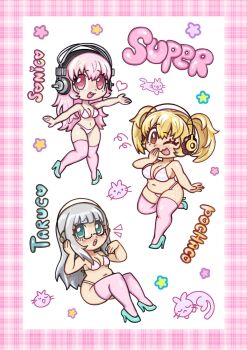 Rule 34 | 3girls, :3, aqua eyes, aqua shoes, armpit peek, bikini, blonde hair, border, breasts, cat, character name, chibi, chibi only, cleavage, grey hair, headphones, high heels, highres, laughing, leg up, long hair, multiple girls, navel, nitroplus, open mouth, orange eyes, pink bikini, pink border, pink eyes, pink hair, pink theme, plump, plushvampy, shoes, sitting, standing, star (symbol), super pochaco, super sonico, super taruco, swimsuit, white background