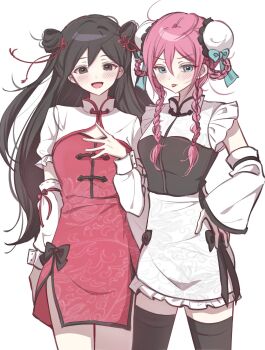 2girls alternate_costume alternate_hairstyle aubrey_(faraway)_(omori) aubrey_(omori) black_eyes black_hair black_thighhighs blue_bow blue_eyes blush bow breasts bun_cover china_dress chinese_clothes closed_mouth detached_sleeves double-parted_bangs dress hair_between_eyes hair_bow hand_on_own_hip highres long_hair long_sleeves looking_at_viewer low_twintails mari_(faraway)_(omori) mari_(omori) multiple_girls omori open_mouth pink_hair simple_background small_breasts smile thighhighs tongue tongue_out twintails white_background wktdms1