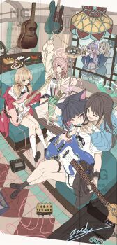 6+girls absurdres after-school_sweets_club_(blue_archive) ahoge airi_(band)_(blue_archive) airi_(blue_archive) animal_ears backpack bag bass_guitar belt black_choker black_hair black_mask blonde_hair blue_archive blue_jacket blush booth_seating bracelet brown_hair cat_ears choker clothes_around_waist collarbone colored_inner_animal_ears colored_inner_hair commentary_request drumsticks electric_guitar extra_ears fender_jazz_bass food green_eyes green_halo guitar hair_bun hair_ribbon halo highres holding holding_bass_guitar holding_drumsticks holding_food holding_ice_cream holding_instrument holding_spoon ice_cream indoors instrument jacket jacket_around_waist jewelry kazusa_(band)_(blue_archive) kazusa_(blue_archive) logo_print long_hair long_sleeves low_twintails mask mint mint_chocolate mouth_mask multicolored_hair multiple_girls natsu_(band)_(blue_archive) natsu_(blue_archive) official_alternate_costume open_clothes open_mouth pink_hair pink_halo pink_skirt pleated_skirt print_shirt purple_eyes red_eyes red_jacket reisa_(blue_archive) ribbon scrunchie shirt short_hair short_sleeves single_side_bun skirt sleeve_cuffs smile spoon star_halo table thigh_belt thigh_strap twintails two-tone_hair wafer_stick white_shirt white_skirt window yatsuka_(846) yellow_halo yellow_jacket yellow_scrunchie yoshimi_(band)_(blue_archive) yoshimi_(blue_archive)