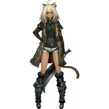 1girl ahoge animal_ears arknights blonde_hair blue_eyes boots choker dark-skinned_female dark_skin fishnet_top fishnets full_body fur-trimmed_boots fur_trim green_vest hand_on_own_hip legs_apart leopard_ears leopard_girl leopard_tail medium_hair micro_shorts morgan_(arknights) official_art open_mouth revision shorts simple_background smile solo standing tachi-e tail third-party_source transparent_background vest white_choker white_shorts