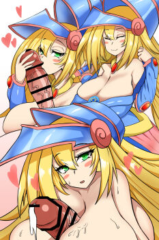 1boy 1girl alternate_breast_size artist_request blonde_hair blush breasts breasts_out breasts_squeezed_together censored cleavage cum cum_on_body cum_on_breasts cum_on_upper_body dark_magician_girl dark_skin erection green_eyes hair_between_eyes heart helmet hetero highres kissing_penis large_breasts long_hair looking_at_another looking_at_viewer magical_girl multiple_views nipples nude open_mouth paizuri penis seductive_smile sequential smile solo_focus sweat topless_female upper_body veins veiny_penis yu-gi-oh!