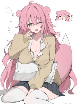 1girl ;o ahoge black_skirt borrowed_design breasts brown_sweater chibi chibi_inset cleavage collared_shirt commentary_request gen_1_pokemon grey_eyes gyaru gyaru_slowpoke_(shin_no_tenpii) highres large_breasts long_hair long_sleeves looking_at_viewer miniskirt multiple_views nintendo no_shoes one_eye_closed open_mouth partially_unbuttoned personification pink_hair pleated_skirt pokemon pokemon_tail shirt sitting skirt sleepy slowpoke squeans sweater tail thighhighs very_long_hair waimoniku wariza white_shirt white_thighhighs zettai_ryouiki