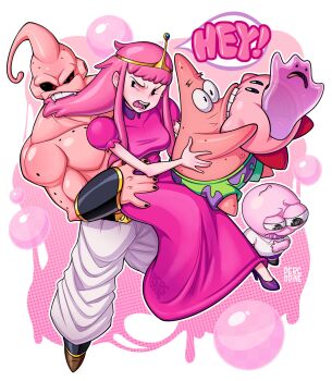 1girl 2others 3boys adventure_time artist_name black_eyes blush breasts bubble chewing_gum color_connection colored_skin crossover ditto dragon_ball dragonball_z dress eating_hair english_text fangs gen_1_pokemon green_shorts highres kirby kirby_(series) long_hair long_sidelocks majin_buu multiple_boys multiple_crossover multiple_others nintendo open_mouth pants patrick_star percodine pim_pimling pink_background pink_dress pink_hair pink_skin pink_theme pokemon pokemon_(creature) princess_bonnibel_bubblegum puffy_short_sleeves puffy_sleeves purple_shoes red_eyes red_shoes shirt shoes short_sleeves shorts sidelocks smiling_friends speech_bubble spongebob_squarepants_(series) super_buu teeth tiara tongue white_background white_pants white_shirt