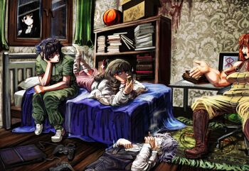 2boys 3girls abella_(fear_&amp;_hunger) artist_name ball bare_arms bare_shoulders black_hair black_vest blood blood_on_wall blue_eyes bon99bunny book book_stack bookshelf boots brown_boots brown_hair brown_tank_top commentary controller curtains daan_(fear_&amp;_hunger) english_commentary eyepatch fear_&amp;_hunger_(series) fear_&amp;_hunger_2:_termina game_controller green_jumpsuit handprint head_rest highres holding indoors jumpsuit levi_(fear_&amp;_hunger) long_sleeves looking_at_another looking_to_the_side lying marina_(fear_&amp;_hunger) medical_eyepatch multiple_boys multiple_girls muscular muscular_female no_shoes on_back on_bed on_stomach open_mouth overalls pillow pink_skirt purple_hair red_hair samarie_(fear_&amp;_hunger) shirt shoes sitting skirt smoking socks sparkle tank_top vest white_shirt white_shoes white_socks window yellow_overalls