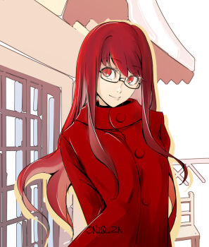 1girl arms_behind_back artist_name black-framed_eyewear closed_mouth coat commentary_request drop_shadow glasses long_hair long_sidelocks looking_to_the_side onikuzun outdoors persona persona_5 persona_5_the_royal rectangular_eyewear red_coat red_eyes red_hair sidelocks smile solo upper_body yoshizawa_sumire