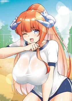 1girl ;d absurdres alternate_costume arknights bagpipe_(arknights) blue_buruma blue_shorts blush breasts buruma commentary_request cowboy_shot day grey_horns gym_uniform heavy_breathing highres horns large_breasts lens_flare long_hair looking_at_viewer multicolored_eyes one_eye_closed open_mouth orange_hair outdoors purple_eyes purple_horns shirt short_shorts short_sleeves shorts smile solo sweat t-shirt two-tone_eyes white_eyes white_shirt xibu_cai