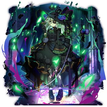 1girl alternate_costume ascot black_boots black_dress black_flower black_gloves black_hat black_rose blue_flower blue_rose boots breasts brooch closed_mouth dress dress_flower eyeball eyepatch floral_print flower frilled_sleeves frills frown full_body game_cg gloves gold_trim goth_fashion green_ascot green_eyes green_hair grey_pantyhose hat hat_flower high_heel_boots high_heels highres holding jewelry komeiji_koishi lace-up_boots long_hair long_sleeves looking_at_viewer official_art pantyhose print_dress rose rose_print rotte_(1109) solo third-party_source third_eye torn_clothes torn_pantyhose touhou touhou_lostword transparent_background wide_sleeves