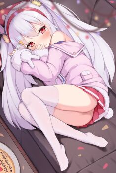 1girl ass azur_lane bare_shoulders birthday_cake blush bow cake couch eating feet feet_together food fork hair_between_eyes hair_bow hair_ornament hairband highres hood hoodie irokari laffey_(azur_lane) lying no_panties on_couch on_side rabbit rabbit_ears rabbit_tail red_eyes red_skirt skirt solo thighhighs thighs twintails white_hair white_hoodie white_thighhighs