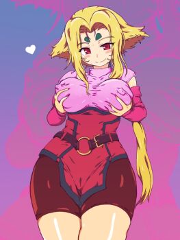 1girl bike_shorts blush breasts closed_mouth commentary_request covered_erect_nipples fiona_(zoids) heart large_breasts long_hair looking_at_viewer red9_(isktmz) red_eyes short_hair smile solo very_long_hair zoids