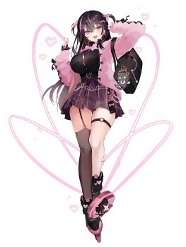 1girl :d amatsuki_mahjong bandaged_leg bandages bandaid belt black_belt black_boots black_gloves black_hair black_shirt boots bow bowtie breasts brown_skirt brown_thighhighs button_gap cardigan dedeko fingerless_gloves garter_straps gloves heart heart_belt_buckle heart_o-ring highres jirai_kei lace-up_boots large_breasts long_hair long_sleeves multicolored_hair o-ring official_art open_cardigan open_clothes open_mouth pink_bow pink_bowtie pink_eyes pink_hair pink_sweater pixel_heart plaid_clothes plaid_skirt school_uniform shirt single_garter_strap skirt smile solo streaked_hair sweater tachi-e thigh_strap thighhighs thighs two_side_up v white_background yo-yo yoyo_(amatsuki_mahjong)