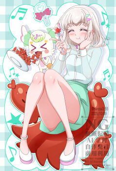 1girl bare_legs between_legs blonde_hair blunt_bangs blush closed_eyes closed_mouth diagonal-striped_background eating finger_gun food fork full_body gingham_background green_shirt hair_ornament hairpin hand_on_own_face hanzou heart_stick highres holding holding_fork idol kimi_to_idol_precure lightstick loafers long_sleeves mature_female miniskirt musical_note octopus_sausage_earrings precure purirun_(civilian)_(precure) purirun_(fairy)_(precure) purirun_(precure) sausage see-through_clothes see-through_shirt see-through_sleeves shirt shoes sitting_on_food skirt solo striped_background stuffed_animal stuffed_toy twitter_username watermark