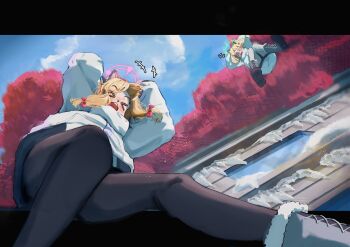 &gt;_&lt; +++ 2girls absurdres anger_vein animal_ear_headphones animal_ears black_pantyhose blonde_hair blue_archive blue_sky boots building cat_ear_headphones cat_ears commentary_request d: dx fake_animal_ears falling from_below fur-trimmed_boots fur_trim green_halo grey_boots halo headphones highres icicle jacket long_hair midori_(blue_archive) midori_(winter)_(blue_archive) minibi_(minibeat) momoi_(blue_archive) momoi_(winter)_(blue_archive) multiple_girls open_mouth pantyhose pink_halo sky twintails white_jacket winter