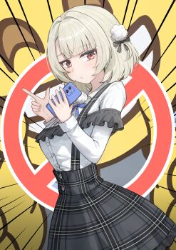 1girl absurdres bekkuro blonde_hair blue_bow blue_bowtie blunt_bangs blush bow bowtie buttons cellphone collared_shirt commentary_request cowboy_shot dress_shirt embarrassed emoji expressionless finger_gun frilled_skirt frills from_side grey_hair high-waist_skirt highres holding holding_phone index_finger_raised long_sleeves o_henji_madakana_ojisan_koubun_(voisona) phone plaid_clothes plaid_skirt pom_pom_(clothes) pom_pom_brooch red_eyes shirt short_hair side_part skirt smartphone solo suspender_skirt suspenders two_side_up ui_(voisona) voisona white_shirt wispy_bangs