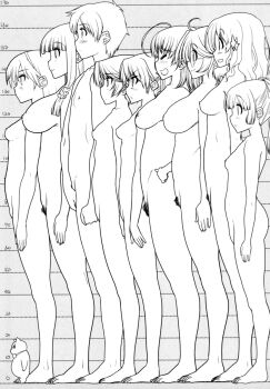 1boy 2022 age_difference bust_chart breasts breasts cat character_request completely_nude glasses hands_on_own_hips height height_chart height_comparison height_difference height_mark highres kazumi_yoshiyuki konoyo_o_hana_ni_suru_tame_ni long_hair monochrome multiple_girls nude ponytail pubic_hair short_hair side