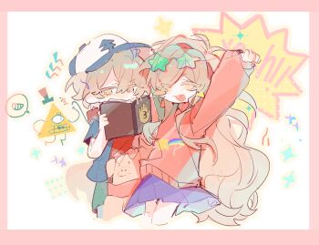 1boy 1girl arm_up bill_cipher blue_jacket blue_skirt book brother_and_sister brown_eyes brown_hair chinese_commentary closed_eyes colored_eyelashes commentary_request dipper_pines gravity_falls hat highres holding holding_book jacket long_hair mabel_pines open_clothes open_jacket open_mouth pleated_skirt red_shirt red_sweater shiliandenaiyalatuotipuduzhongsheng shirt short_hair short_sleeves siblings sidelocks skirt sleeves_past_wrists smile speech_bubble star-shaped_eyewear star_(symbol) sweater twins very_long_hair white_hat