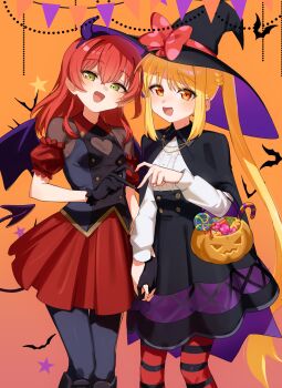 2girls blonde_hair bocchi_the_rock! breasts brown_eyes dress eltir gloves green_eyes hat highres ijichi_nijika kita_ikuyo long_hair looking_at_viewer multiple_girls open_mouth pleated_dress red_hair side_ponytail small_breasts thigh_gap very_long_hair witch_hat