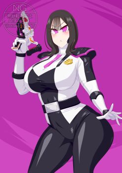 Rule 34 | 1girl, absurdres, bodysuit, brown hair, highres, holding blaster, ichikawa sumino, kaitou sentai lupinranger vs. keisatsu sentai patranger, no.1 sentai gozyuger, no headwear, otokamu, pink eyes, solo, super sentai, weapon