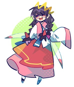 Rule 34 | 1girl, beco (100me), black hair, bow, braid, crown, fairy, fairy wings, freckles, hair bow, heterochromia, highres, kirby (series), kirby 64, long hair, long skirt, low twin braids, nintendo, open mouth, pink skirt, purple eyes, red bow, red eyes, ripple star queen, skirt, sleeves past fingers, sleeves past wrists, smile, twin braids, wings