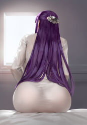 Rule 34 | 1girl, absurdres, ass, brooch, chinese commentary, commentary request, dress, easonx, fern (sousou no frieren), from behind, hair ornament, highres, indoors, jewelry, long hair, long sleeves, partial commentary, purple hair, sitting, solo, sousou no frieren, variant set, white dress, window