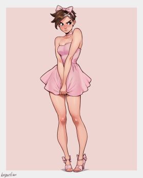 1girl ankle_strap artist_request averting_eyes bare_shoulders blue_eyes blush bow bow_hairband brown_hair choker closed_mouth commentary dress ear_piercing embarrassed english_commentary footwear_bow full_body hairband high_heels highres long_legs multicolored_hair nose_blush piercing pigeon-toed pink_choker pink_dress pink_hairband pink_lips pink_shoes shoes short_dress short_hair skirt skirt_tug sleeveless slim_legs solo standing strapless strapless_dress very_short_hair white_hair